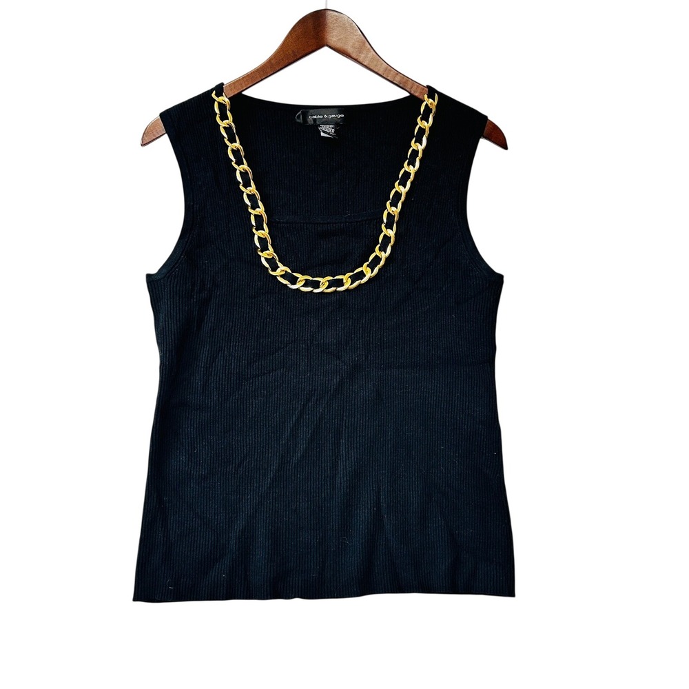 Cable & Gauge Y2K Womens Black Ribbed Knit Tank Top Large Gold Chain Silk Street
